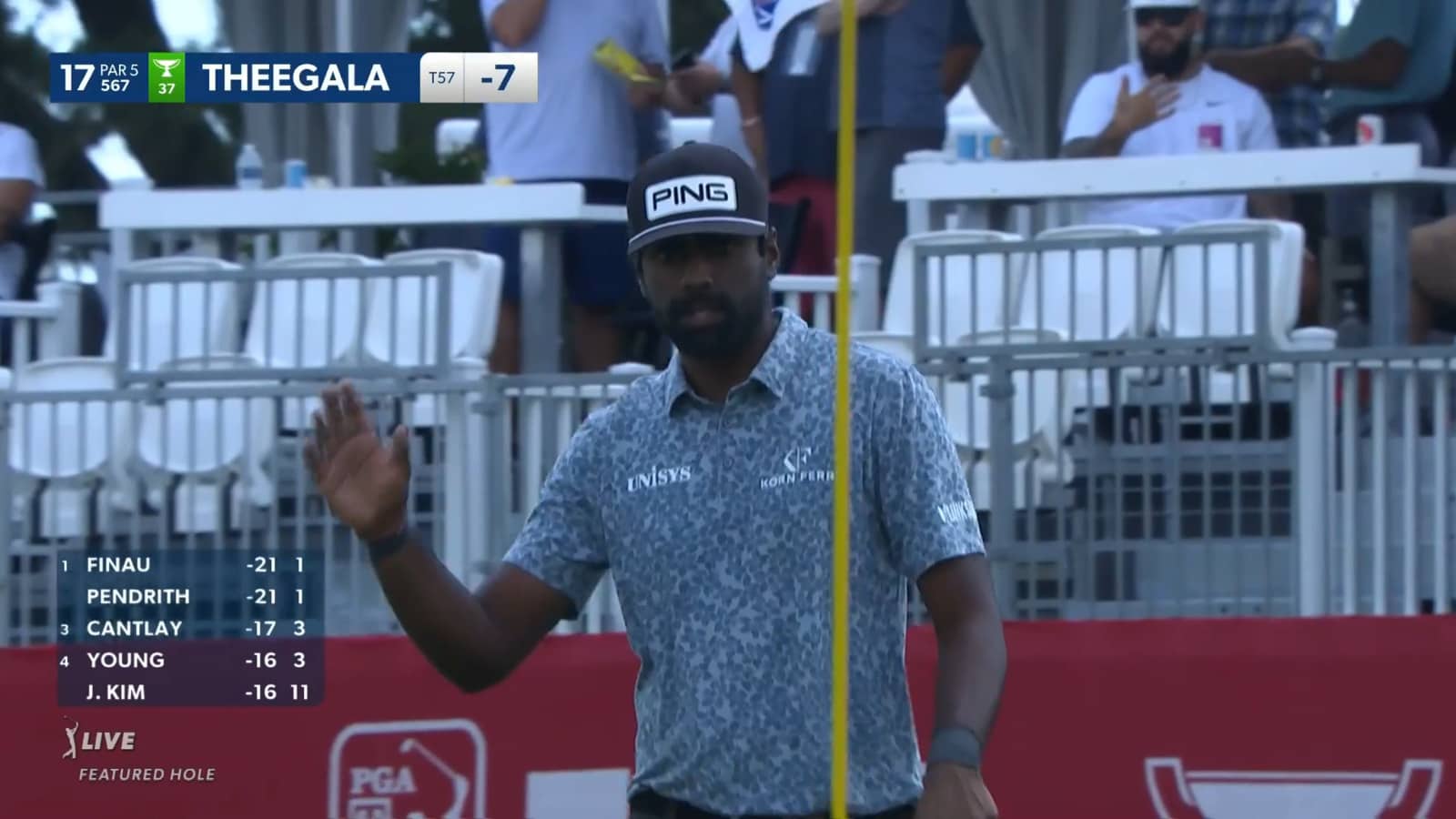 Sahith Theegala nearly makes eagle putt on No. 17 at Rocket Mortgage