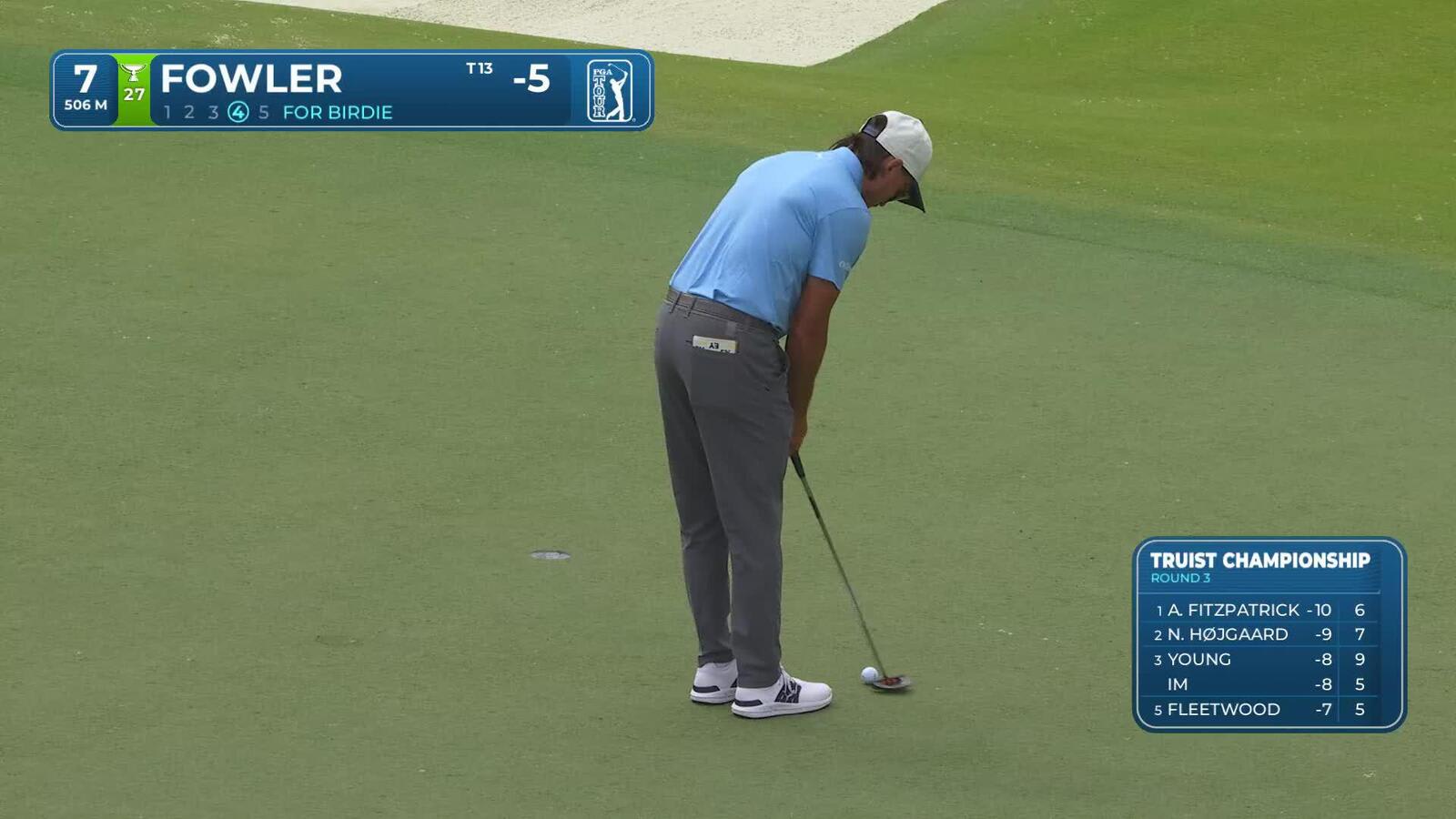 Rickie Fowler sinks 3-foot putt for birdie on No. 7 at Truist Championship