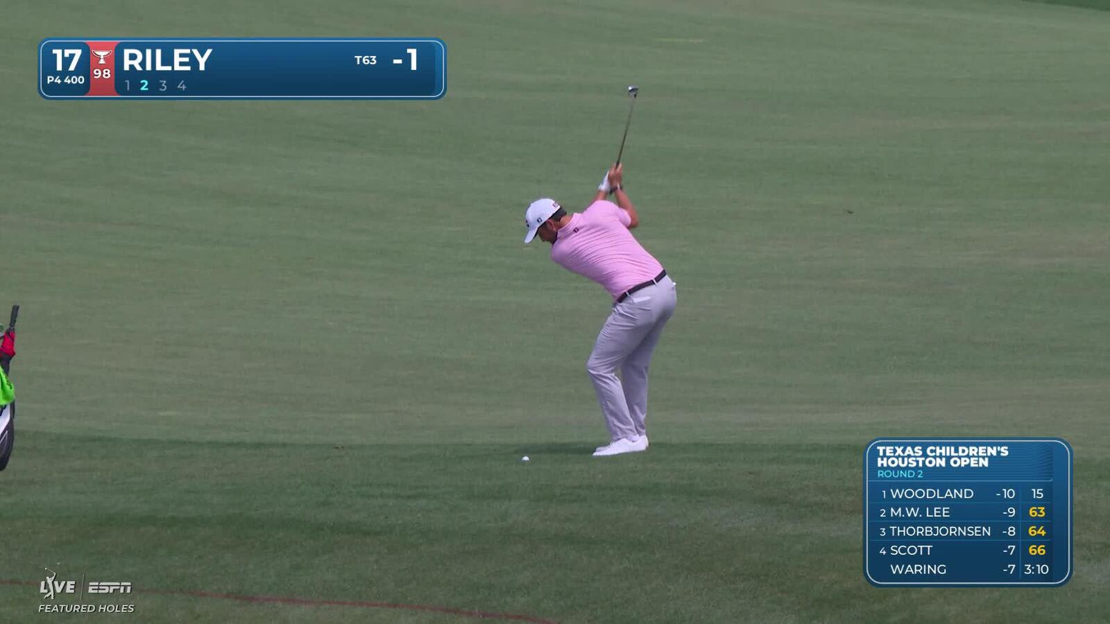 Davis Riley hits 139-yard approach to 8 feet, sets up birdie on No. 17 at Texas Children's