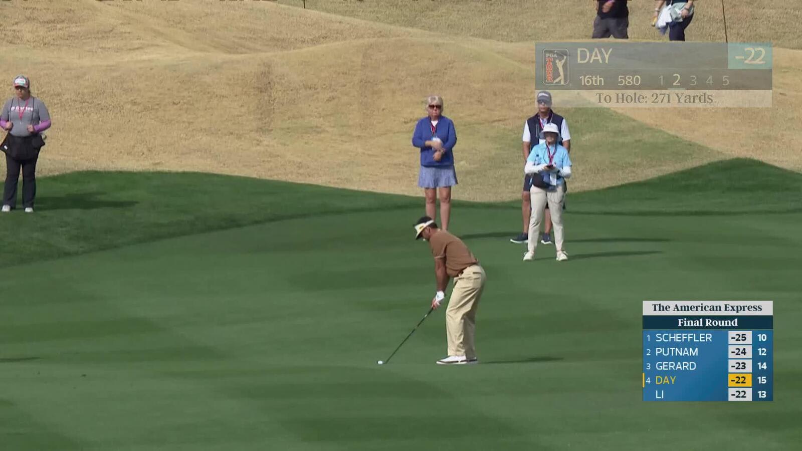 Jason Day taps in from 2 feet for birdie on No. 16 at The American Express