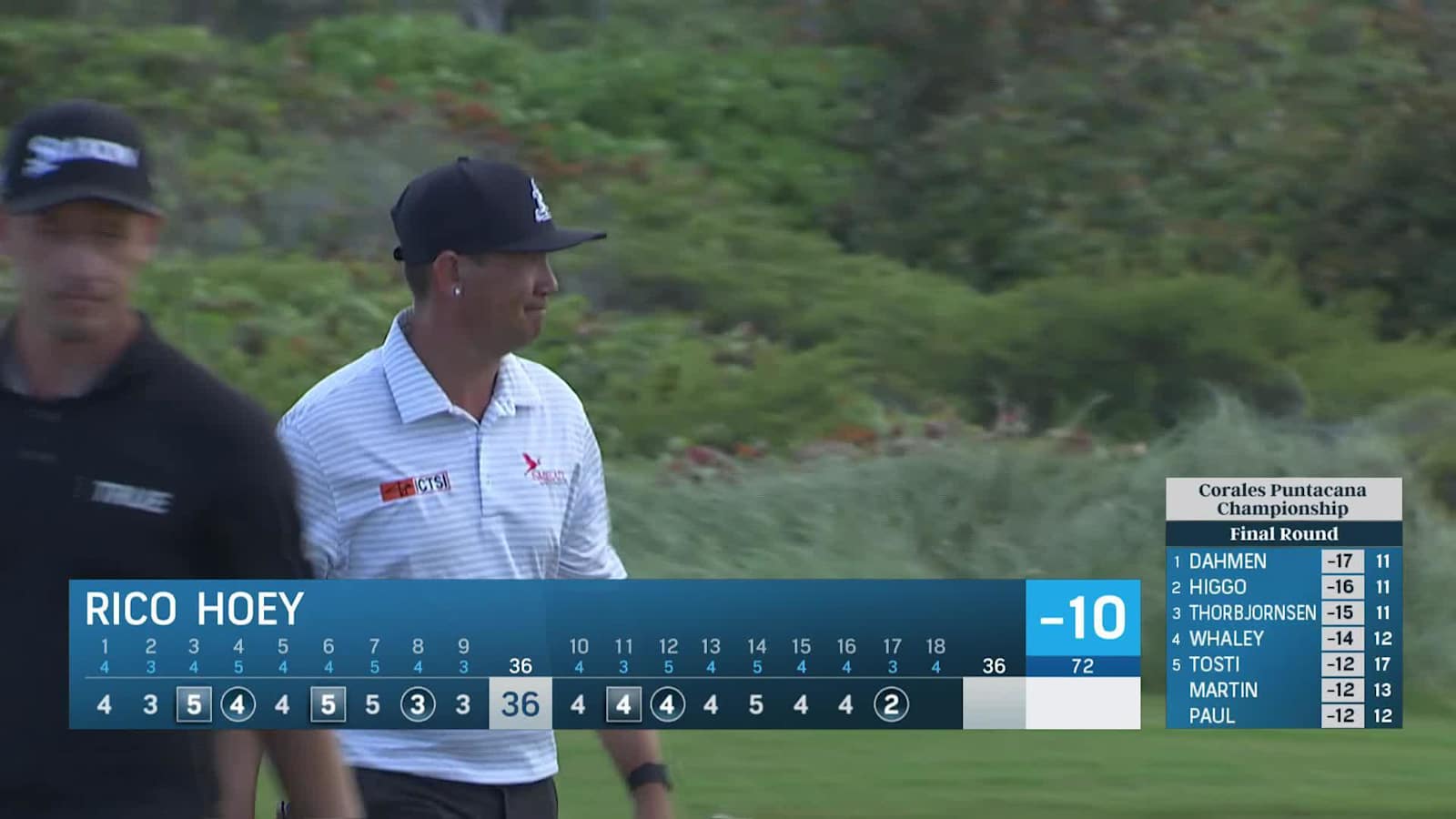 Rico Hoey chips in for birdie at Corales Puntacana