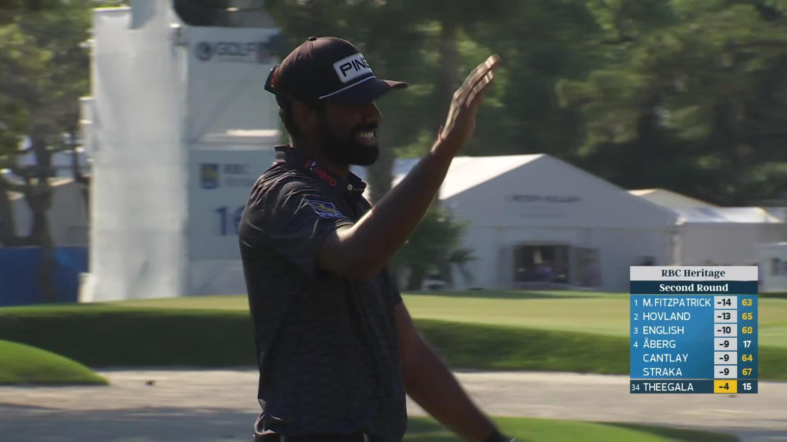 Sahith Theegala holes 140-yard approach for birdie on No. 16 at RBC Heritage