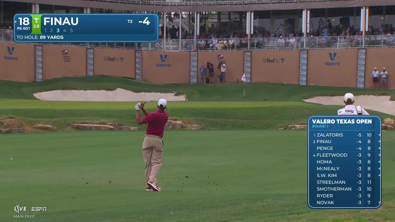 Tony Finau gets up-and-down from 13 feet for birdie on No. 18 at Valero