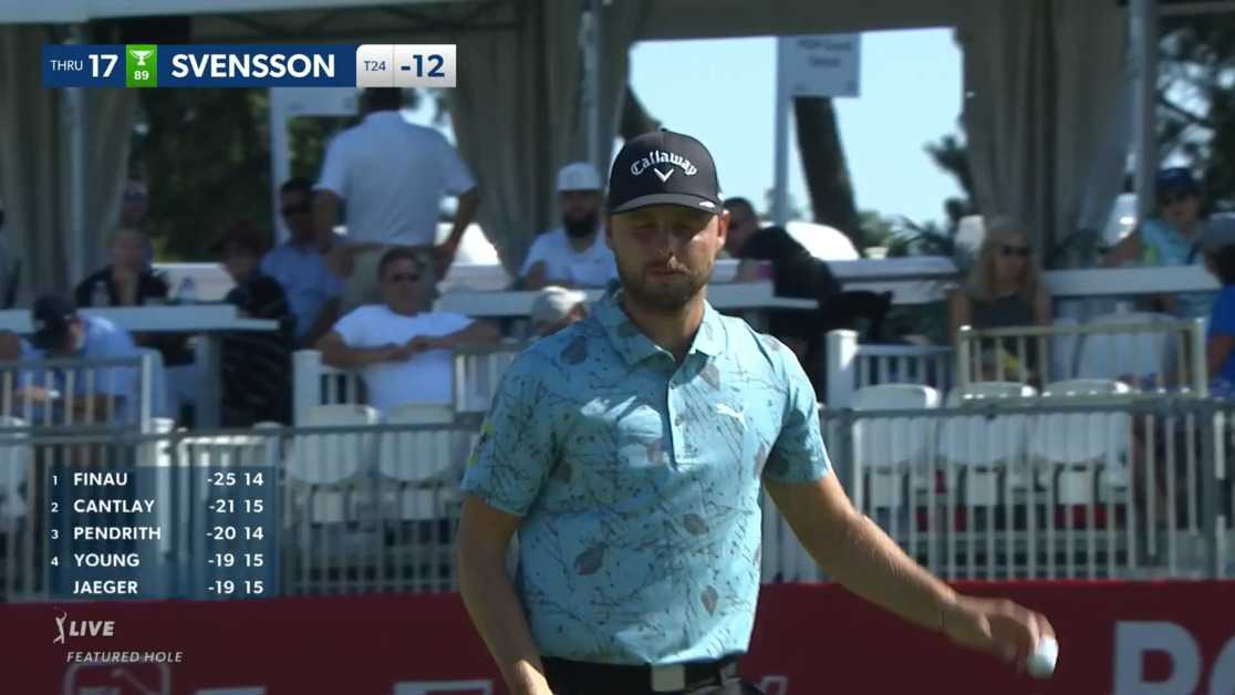Adam Svensson chips in close setting up birdie at Rocket Mortgage
