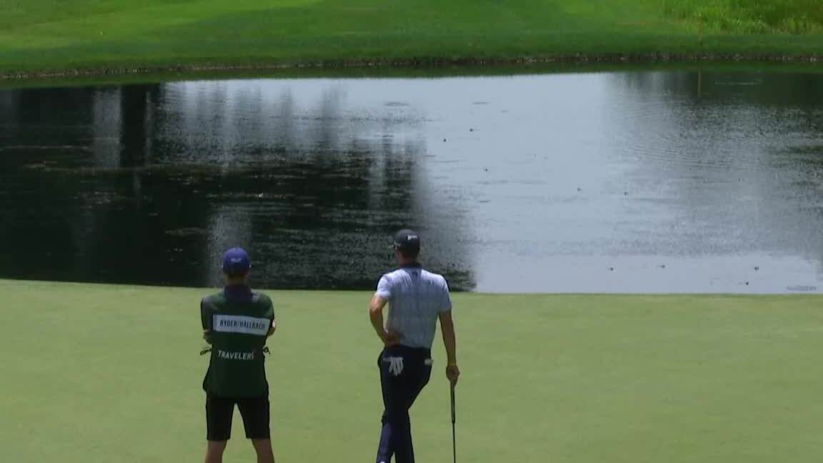 Mackenzie Hughes sinks a 30-foot birdie on No. 8 in Round 1 at Travelers