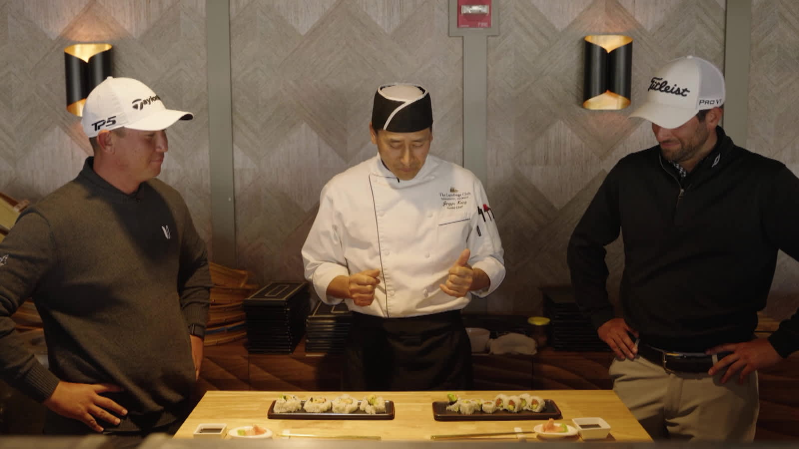 Rico Hoey and Cody Blick learn how to make sushi before Club Car Championship