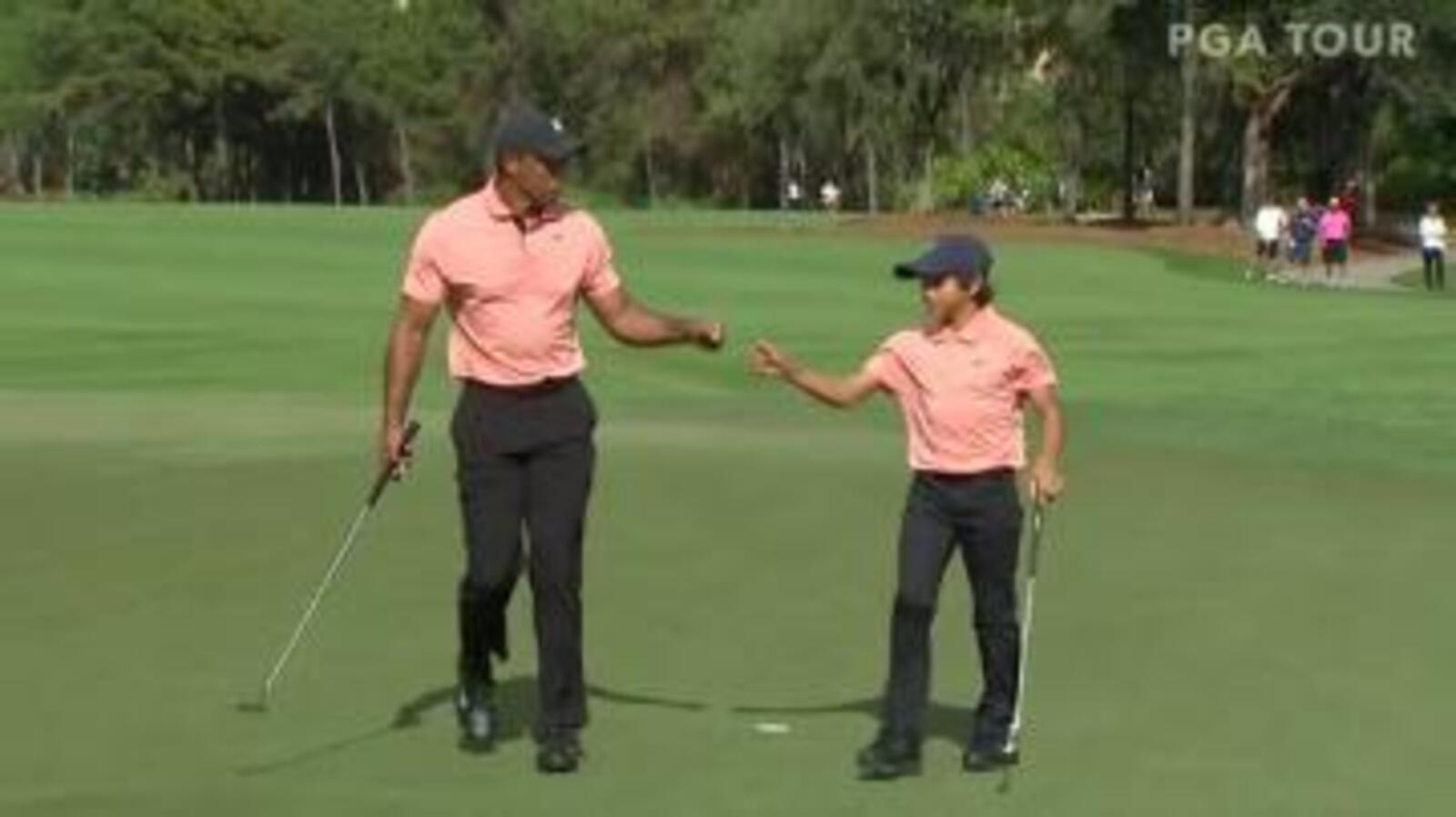 Tiger Woods hits first tee shot back in competition