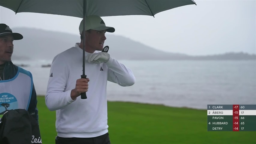 Ludvig Åberg makes birdie on No. 18 at AT&T Pebble Beach