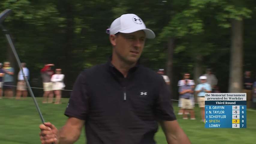 Jordan Spieth almost holes approach to set up birdie at the Memorial