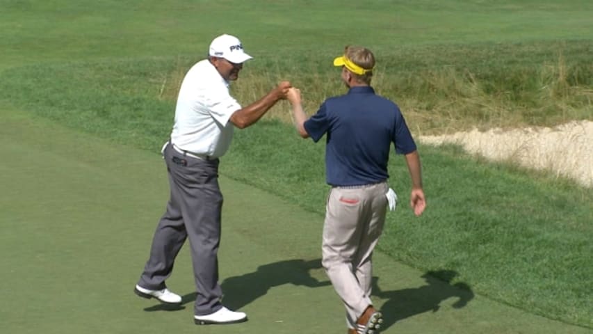 Billy Hurley III chips in for birdie on No. 16 at The Greenbrier