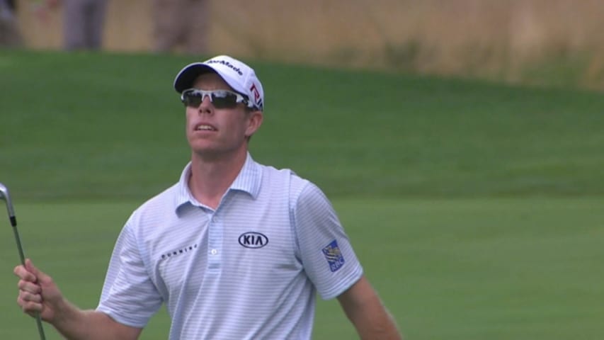 David Hearn gets a lucky bounce on No. 16 at The Greenbrier