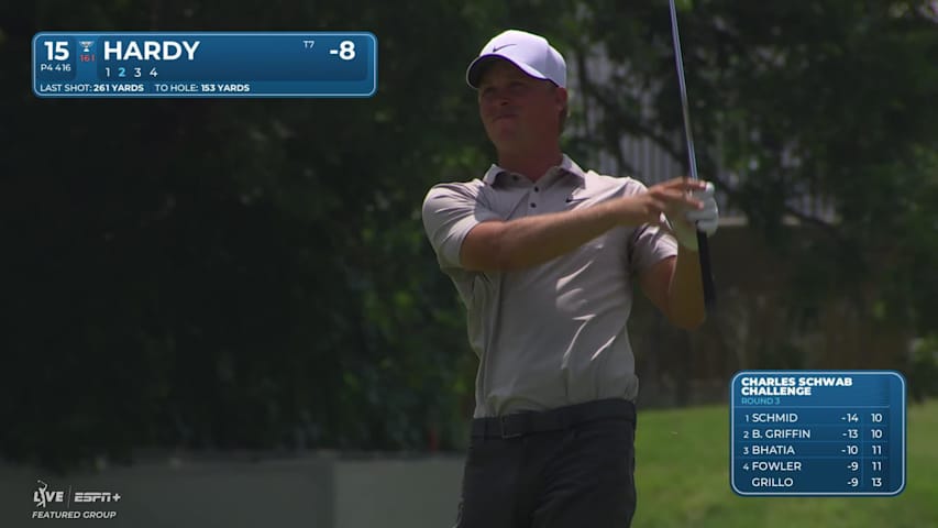 Nick Hardy sinks a 21-foot birdie putt on No. 15 at Charles Schwab