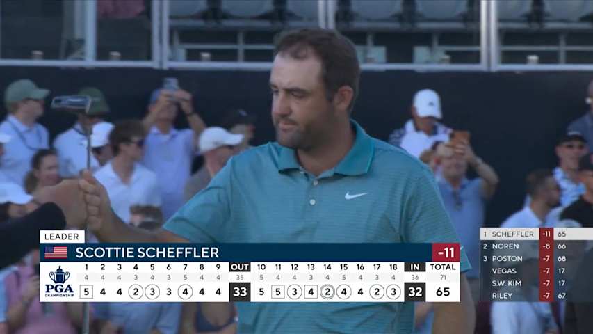 Scottie Scheffler drains closing birdie to take three-stroke lead at PGA Championship