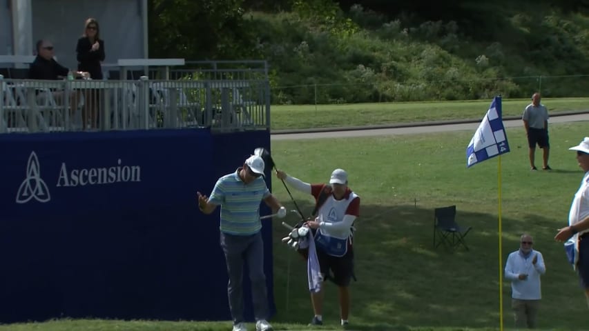 Cameron Percy holes chip shot for birdie from greenside rough at Ascension