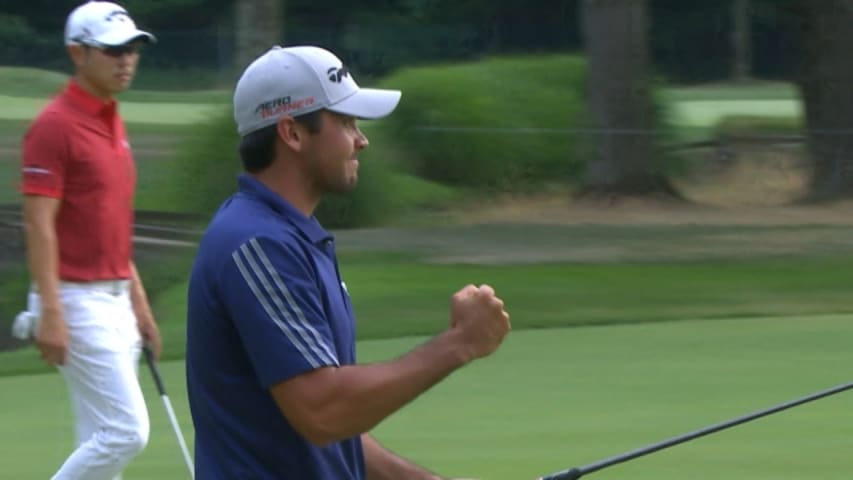 Jason Day pours in a 29-foot putt for birdie at The Barclays