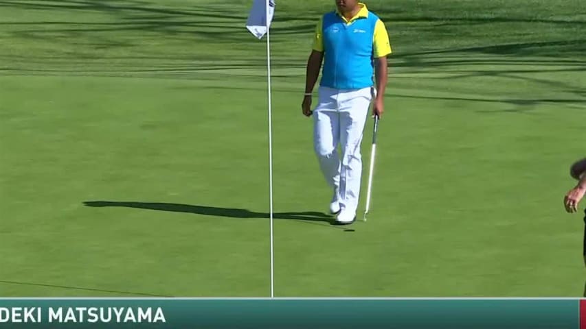 Hideki Matsuyama holes a 56-foot birdie putt on No. 15 at Genesis