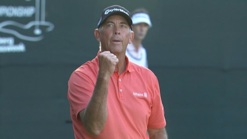 Tom Lehman rolls in a putt from the fringe to win SAS Championship