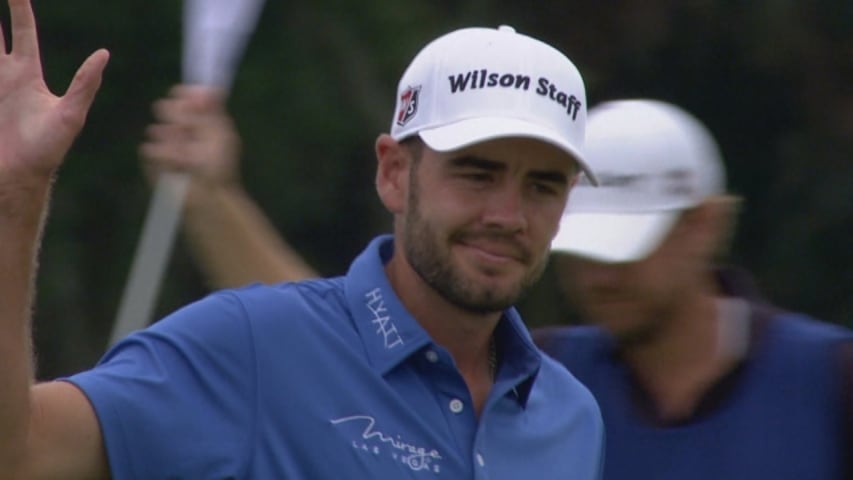 Troy Merritt pours in a 25-foot putt on the 72nd hole at RBC Heritage