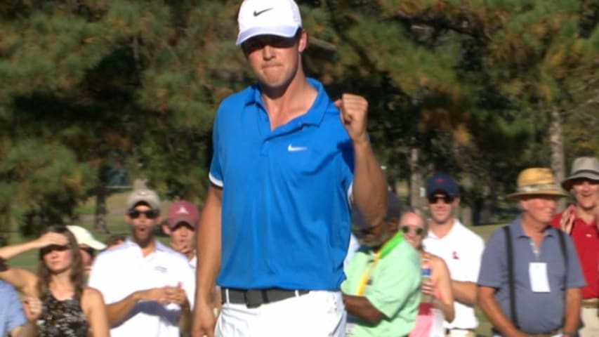 Cody Gribble confidently makes his birdie putt at Sanderson Farms