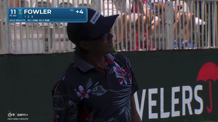 Rickie Fowler holes out for birdie from 12-feet on No. 11 at Travelers