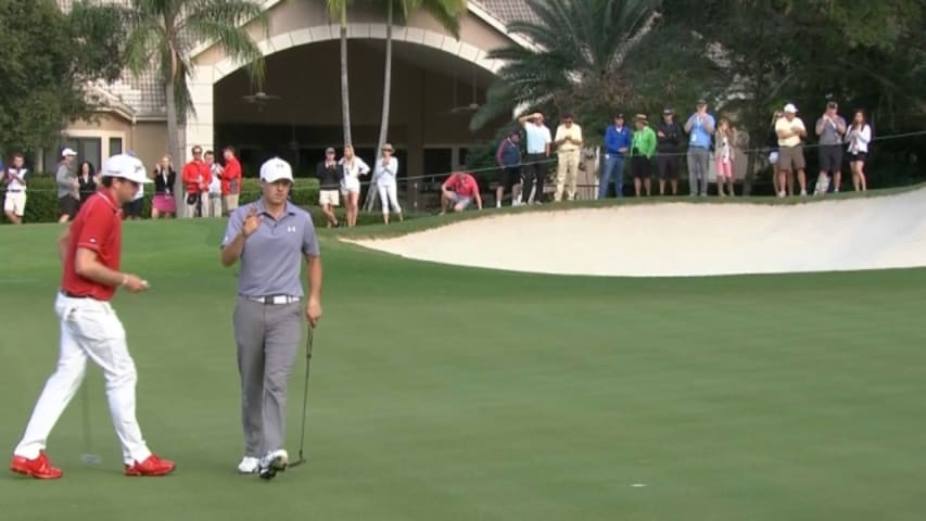 Jordan Spieth’s tee shot sets up birdie on No. 15 at Hero