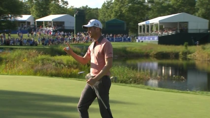 Chris Kirk rolls in a birdie putt from 13 feet on No. 16 at Deutsche Bank