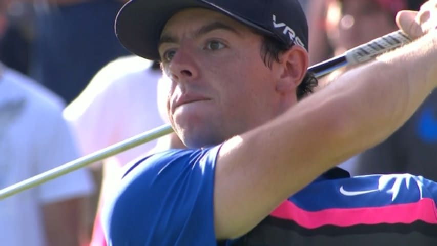 Rory McIlroy takes dead aim on the par-3 16th hole at Deutsche Bank