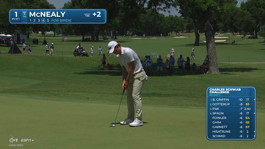 Maverick McNealy makes birdie on No. 1 at Charles Schwab