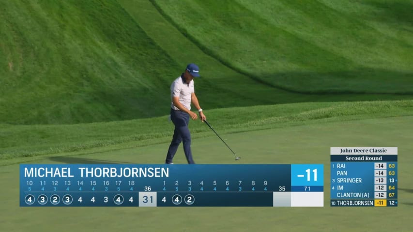 Michael Thorbjornsen holes out for birdie putt from 11-feet on No. 3 at John Deere