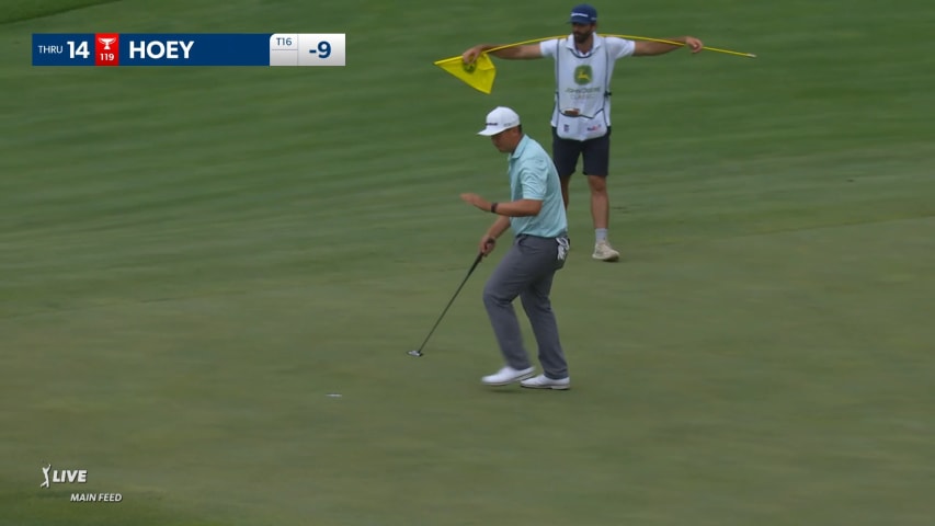 Rico Hoey drives the green leading to eagle on No. 14 at John Deere