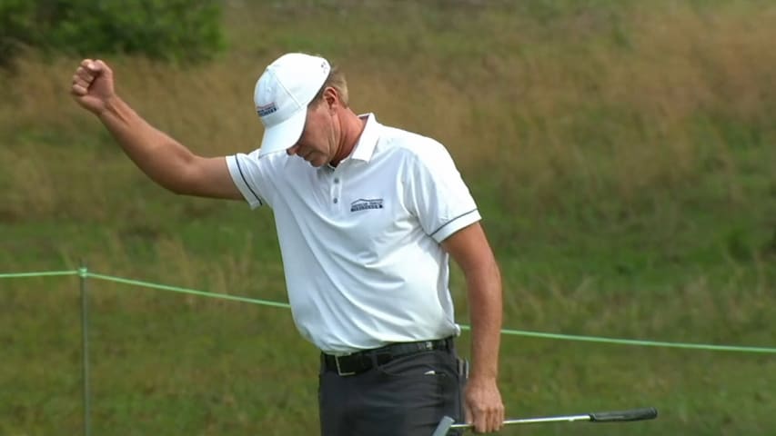 Steve Stricker's eagle putt from off the green at Rapiscan Classic