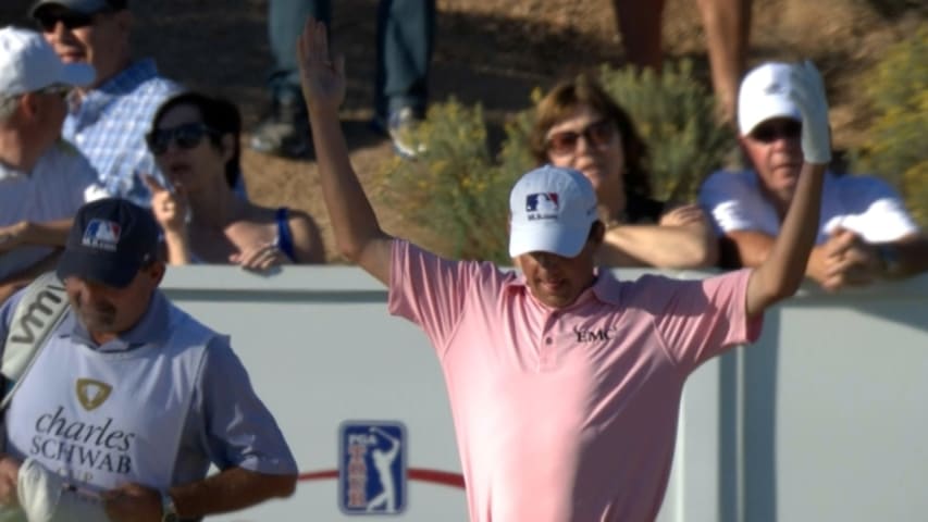 Billy Andrade gets a lucky bounce off the rocks at Charles Schwab Cup
