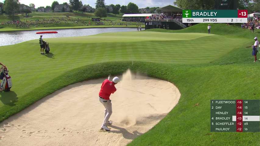 Keegan Bradley sinks a 36-foot birdie putt on No. 15 at Travelers
