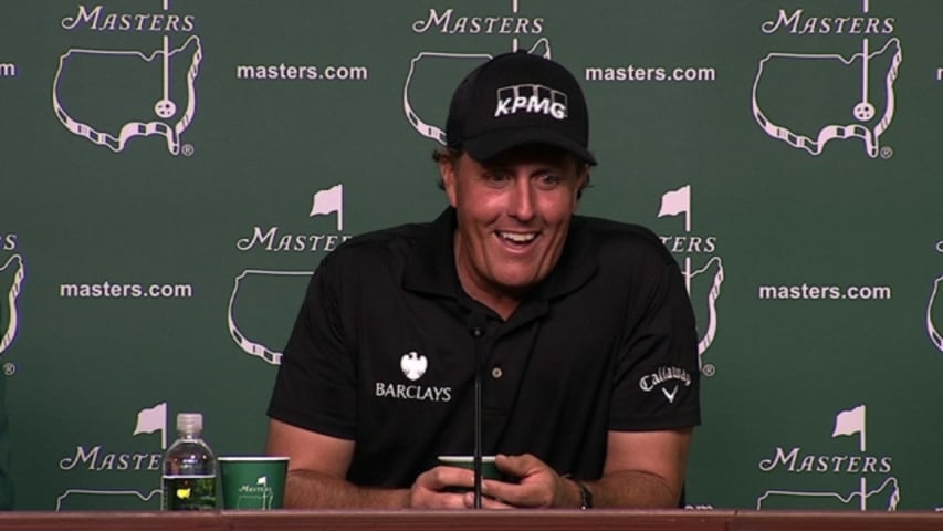 Phil Mickelson remarks on a friendly wager and clubs in his bag at the Masters