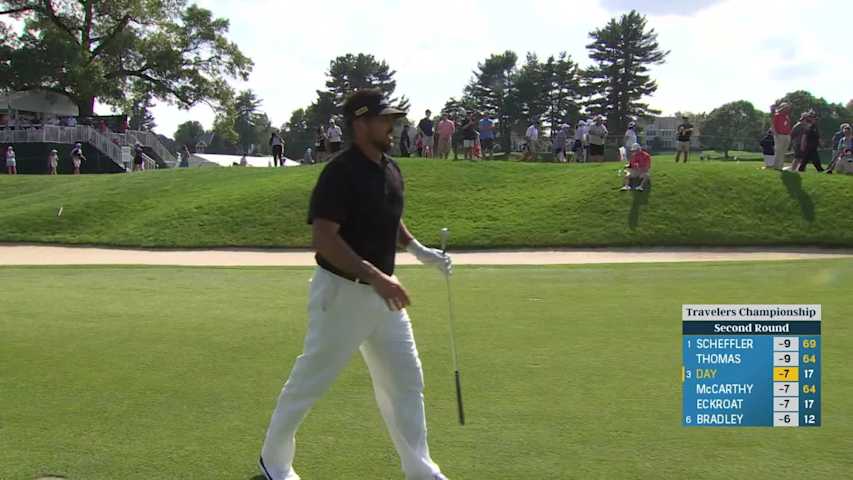 Jason Day sinks a 21-foot birdie putt to end his day at Travelers