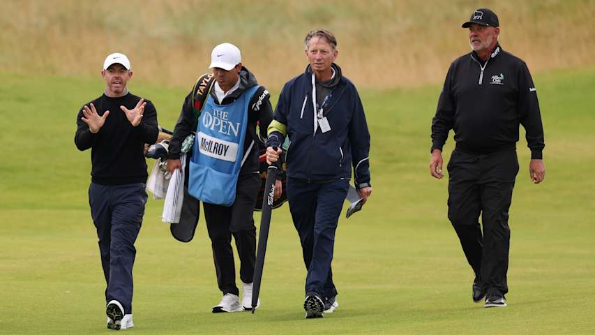 Rory McIlroy takes in Royal Portrush during The Open practice round