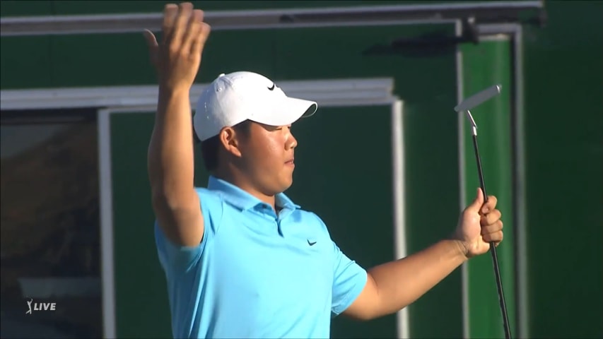 Tom Kim's energetic birdie on No. 17 at The American Express