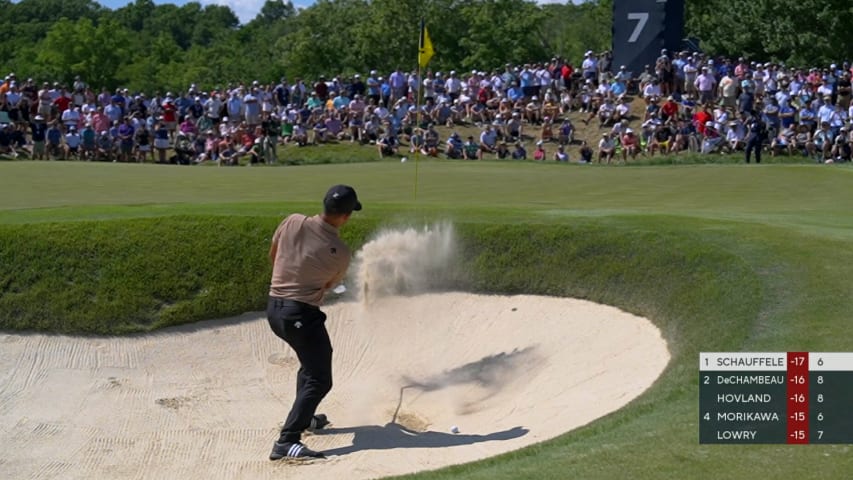 Xander Schauffele gets up-and-down from the bunker for birdie at PGA Championship