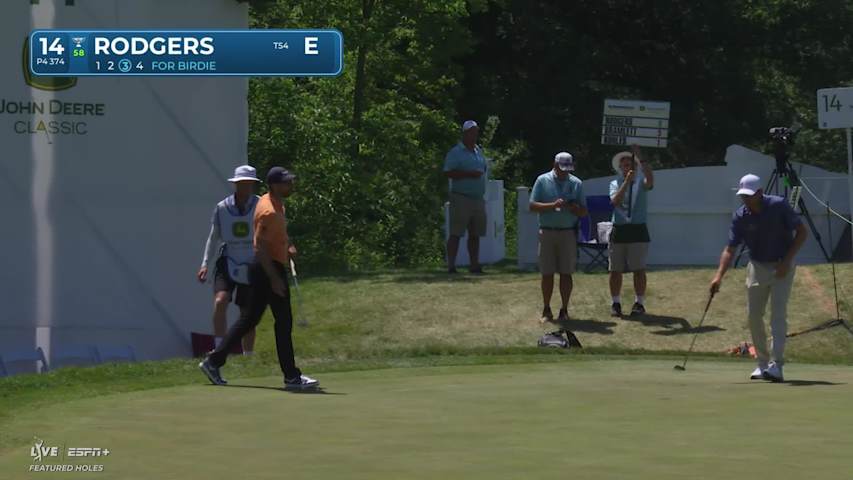 Patrick Rodgers holes out for birdie from 12-feet on No. 14 at John Deere