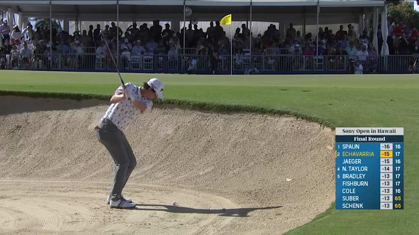 Nico Echavarria gets up-and-down from the bunker for birdie to grab a share of the lead at Sony Open