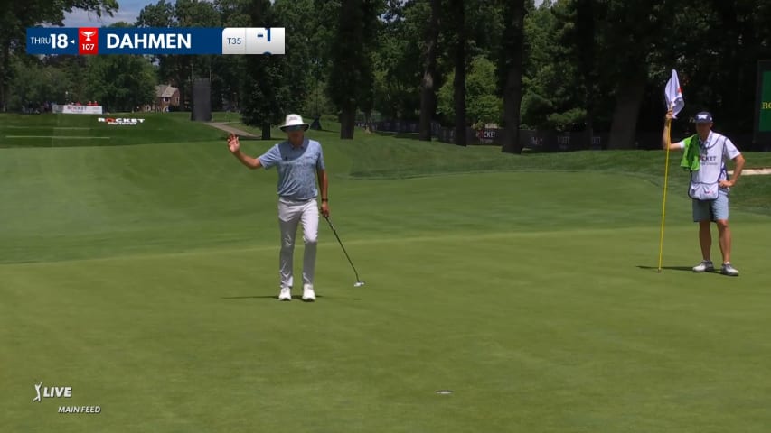 Joel Dahmen sinks a 23-foot birdie putt on No. 9 at Rocket Mortgage