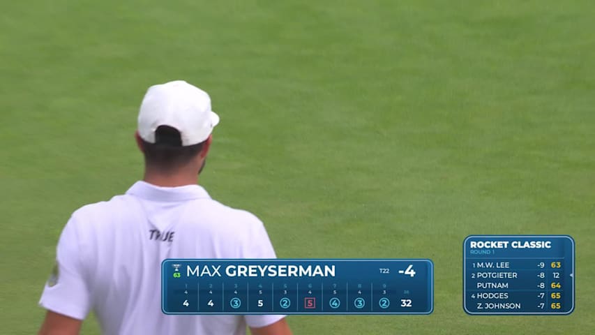 Max Greyserman sinks a 21-foot birdie putt on No. 9 at Rocket Classic