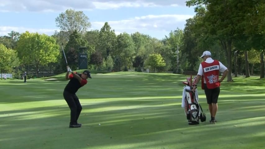 Sam Saunders stuffs his approach in tight on No. 17 at Hotel Fitness