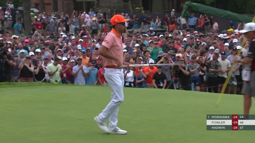 Rickie Fowler throws a dart and birdies to force a three-man playoff at Rocket Mortgage