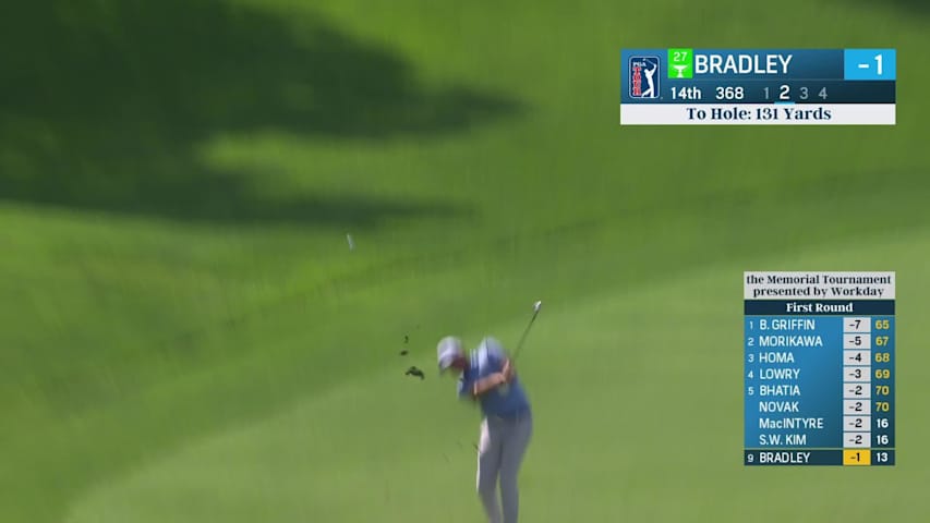 Keegan Bradley sticks approach to set up birdie at the Memorial