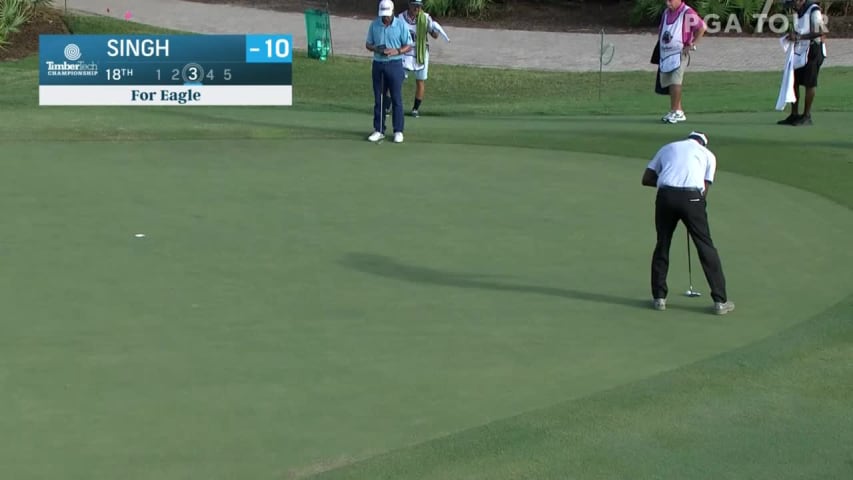 Vijay Singh jars eagle putt at TimberTech