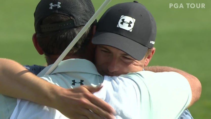 Jordan Spieth makes par on No. 18 to win Valero Texas Open.