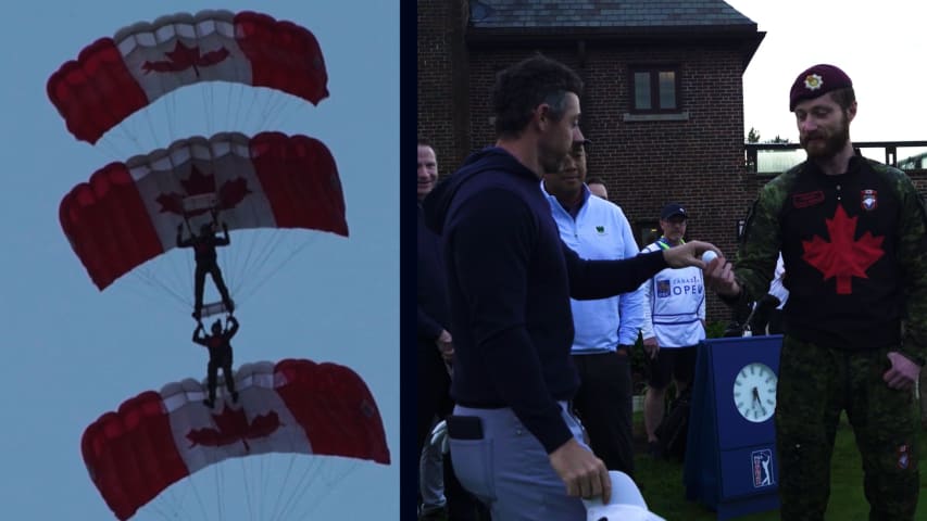 Rory McIlroy receives pro-am ball from parachuters in Canada