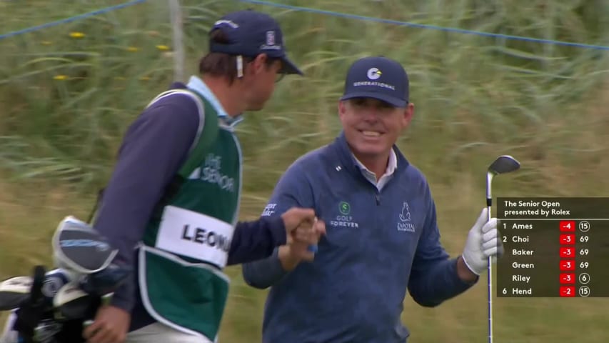 Justin Leonard holes chip shot from collection area at The Senior Open