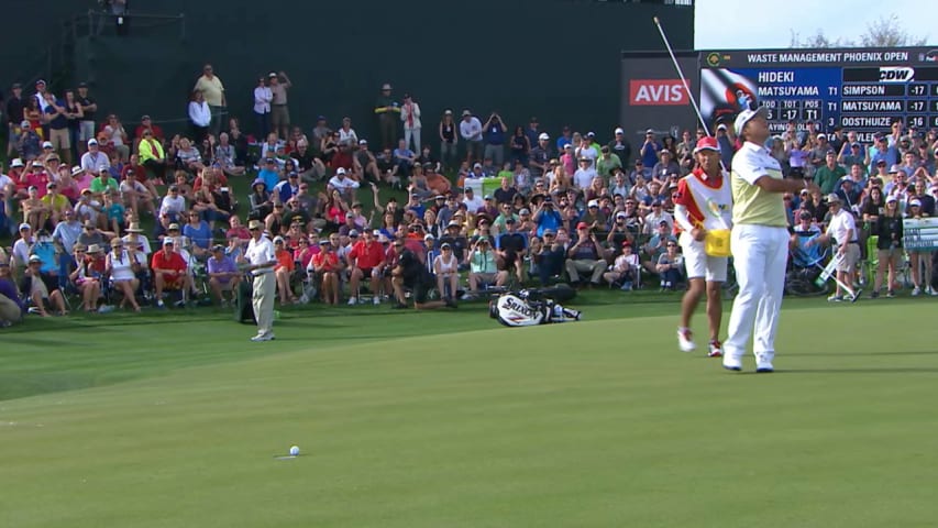 Hideki Matsuyama leaves birdie putt just short on No. 18 at Waste Management